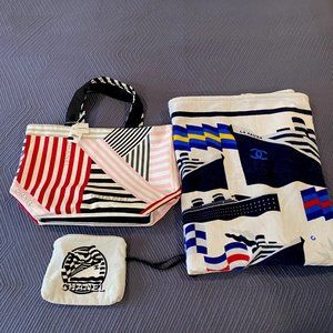 Chanel La Pausa Reversible Beach Tote With Matching Ultra Plush Beach Towel